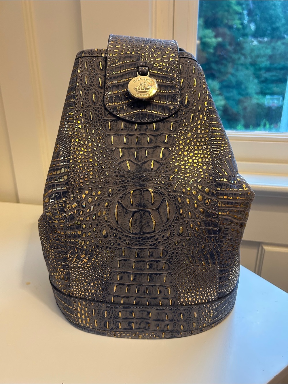 Brahmin Denim Blue Metallic Croc-Embossed Leather Backpack with Gold Accent